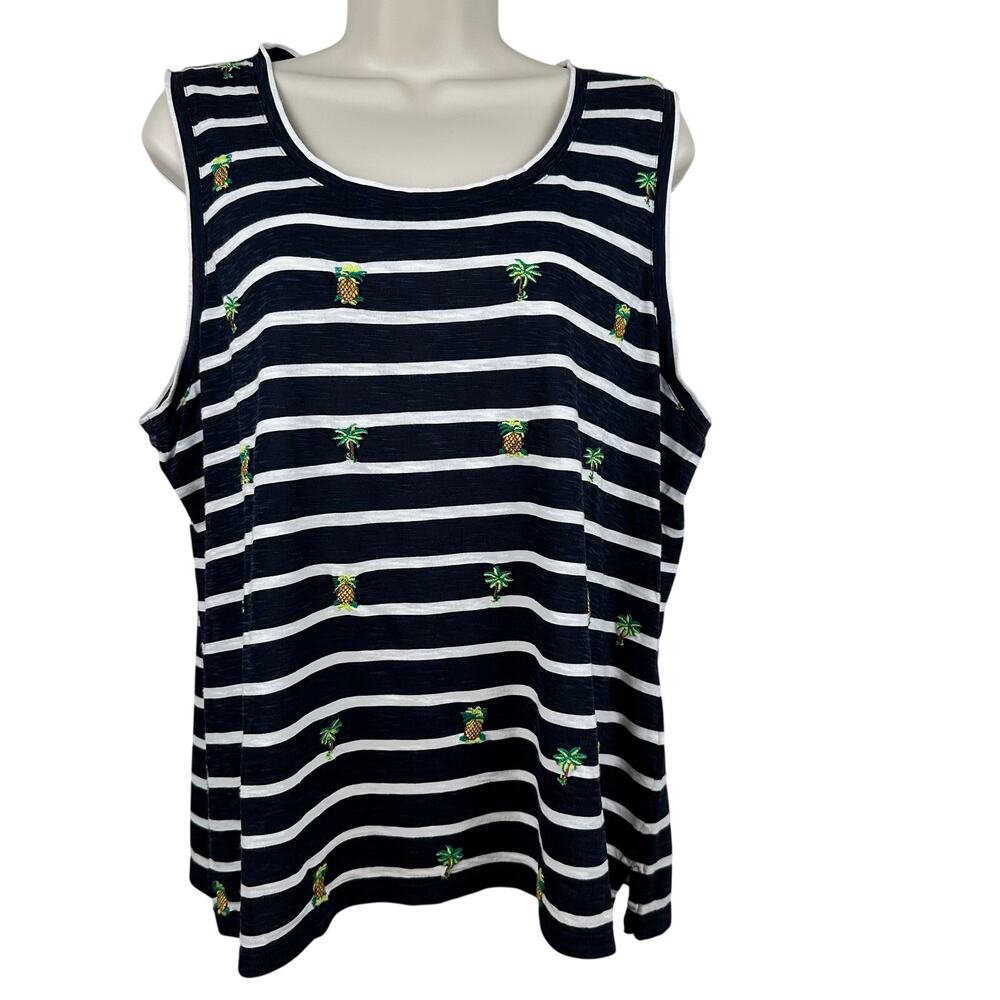 Talbots Sleeveless Tank Top Shirt Striped Embroidered Pineapple Navy XLP Cotton